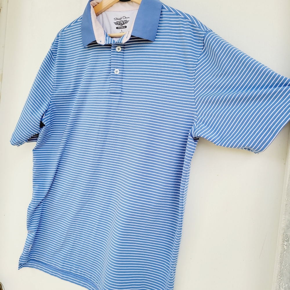 Straight Down Mens Polo Golf Athletic Shirt Blue Stripes Size Large - Picture 7 of 14